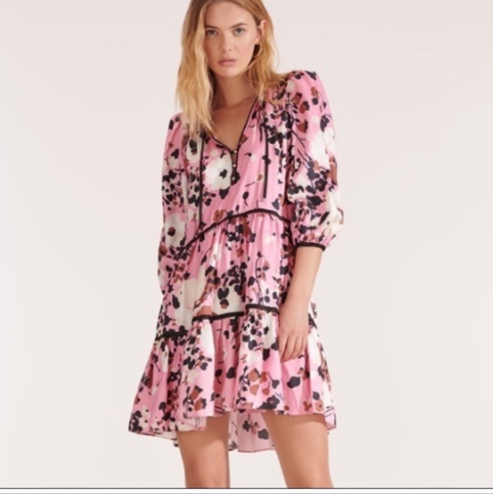 Veronica Beard Hawken Tiered Floral Print Ruffle Silk Blend Dress Pink Size 6